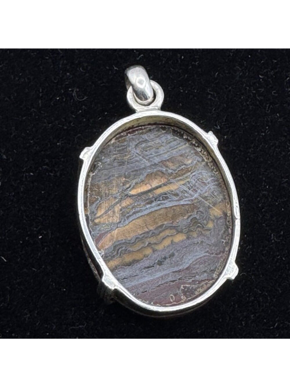 Tiger Iron Sterling Silver Pendant Polished Oval Gemstone Natural Layered Bands - Picture 10 of 16